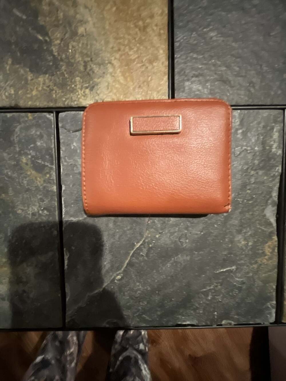 Tan Faux Leather Bifold Wallet with Gold-Tone Bar Accent